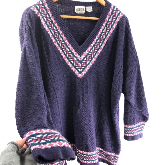 Vintage Stefano V Neck Sweater OS Cable Knit Chunky Contrast Print Purple Casual - Picture 2 of 9